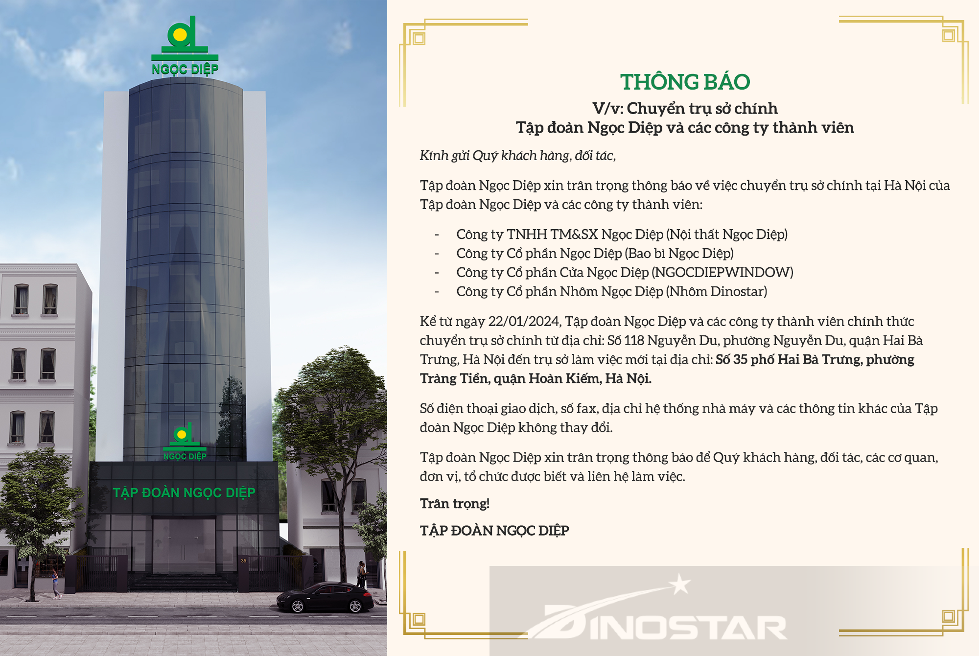 Tập đoàn Ngọc Diệp chính thức chuyển trụ sở chính về số 35 phố Hai Bà Trưng, quận Hoàn Kiếm, Hà Nội